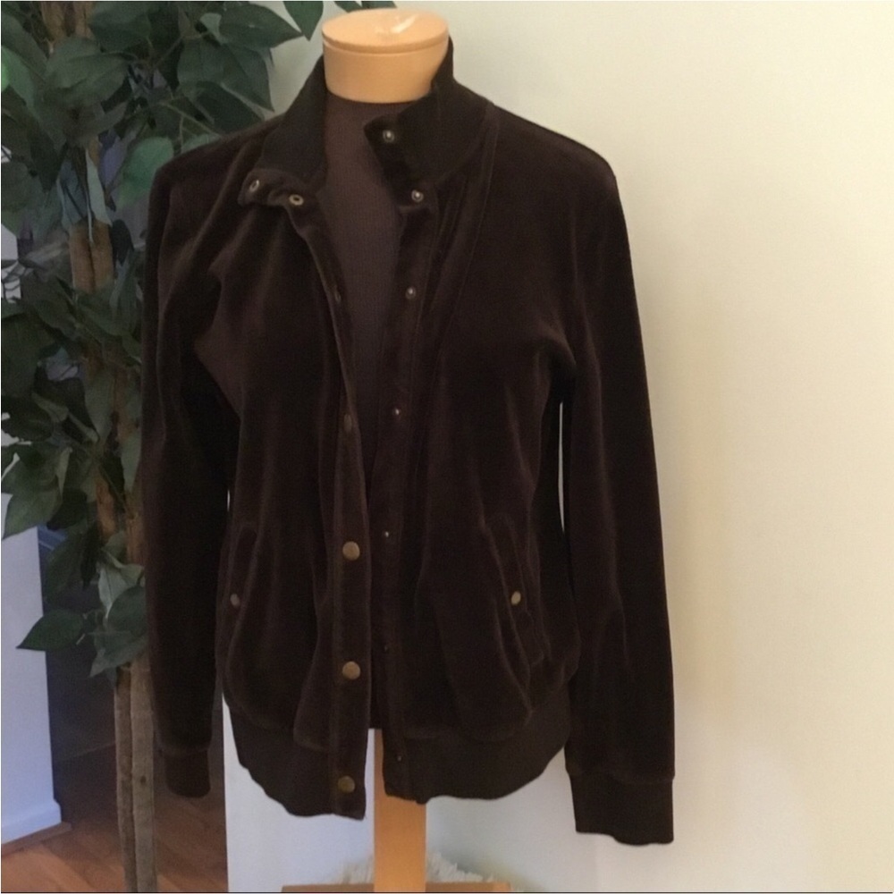 Chaps velour snap closure jacket Womans size Large brown front pockets